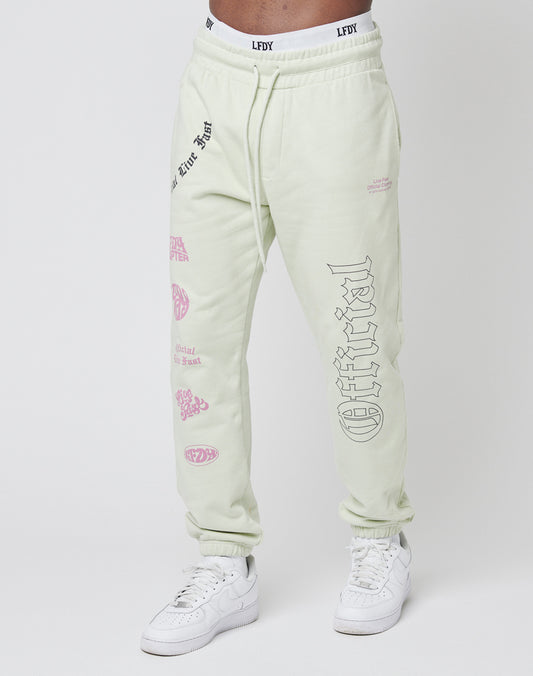 A person wears LFDY Official Jogger pants in light green, made from 100% Baumwolle with pink and black graphic prints on front and back, an elastic waistband showing “LFDY”, paired with white sneakers. The background is plain white.