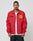 A person wears a bright red LIVE FAST DIE YOUNG LFDY Coach Jacket, regular fit and lightly padded, with patches and embroidery—including a large yellow patch on the left chest—standing forward against a plain light gray background.
