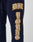 Close-up of navy blue Live Fast Sweat Jogger pants by LIVE FAST DIE YOUNG in 100% Baumwolle, featuring bold yellow and white outlined DIE YOUNG text running vertically down the leg. Regular fit for everyday wear.