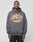 A man with short hair and neck tattoos models the LIVE FAST DIE YOUNG Home Protection Hooded, featuring an oversize fit and bold front print, standing against a plain light gray background.