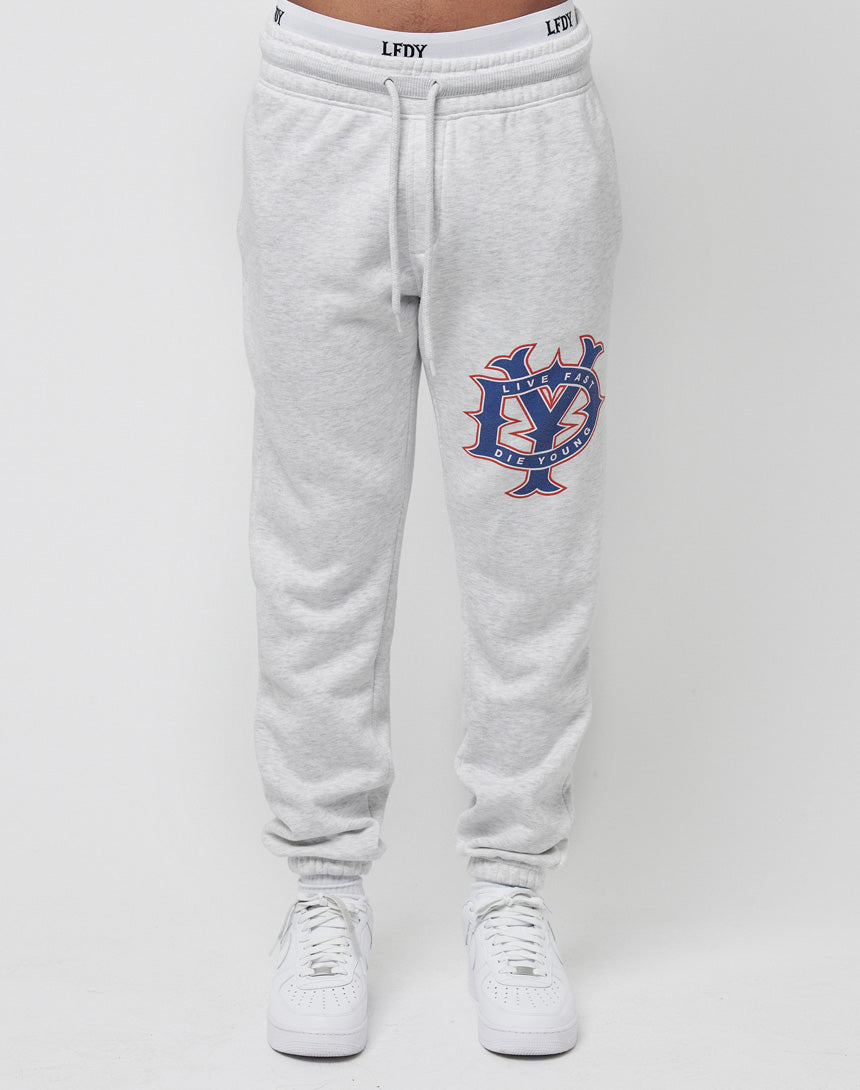 Someone wearing light gray DY Sweat Jogger pants by LIVE FAST DIE YOUNG, featuring a blue and red graphic logo on the left thigh and an LFDY-branded waistband, paired with white sneakers against a plain white background.