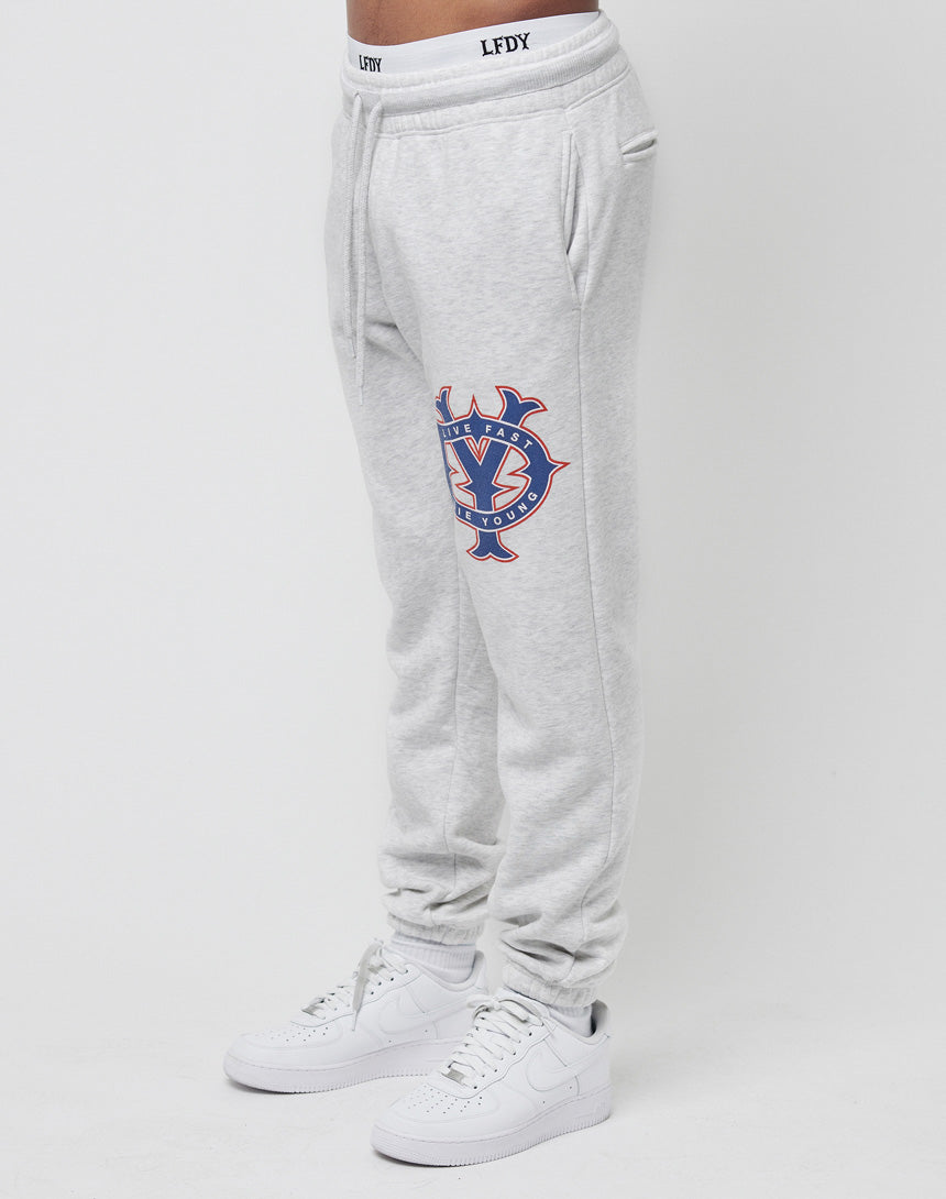 A person wears the LIVE FAST DIE YOUNG DY Sweat Jogger in light grey, featuring a blue and red logo on the left thigh and LFDY text on the white waistband, paired with white sneakers, standing against a plain white background for a comfy, stylish look.