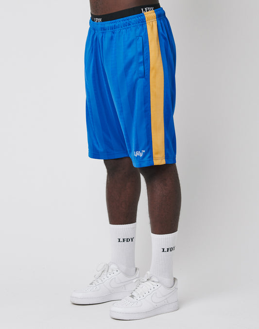 A person wears LFDY Taped Stripe Shorts—blue with a yellow side stripe and elastic waistband—made from polyester, paired with white crew socks featuring LFDY text and white sneakers, standing against a plain white background.