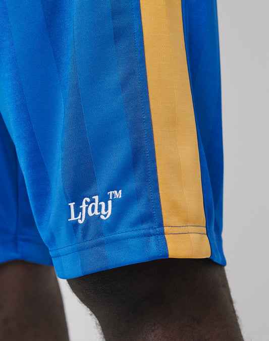 Close-up of a persons leg in bright blue LFDY Taped Stripe Shorts with a yellow stripe, crafted from polyester and featuring an elastic waistband. The white LFDY logo is embroidered near the hem. Background is plain and out of focus.