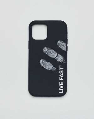 The LFDY Fingerprint iPhone Case is a black silicone cover with three white fingerprint marks and bold 3D Live Fast lettering printed along the side.