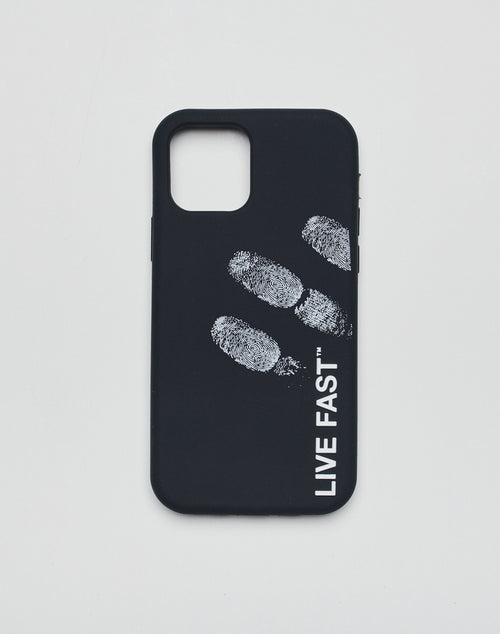The LFDY Fingerprint iPhone Case is a black silicone cover with three white fingerprint marks and bold 3D Live Fast lettering printed along the side.
