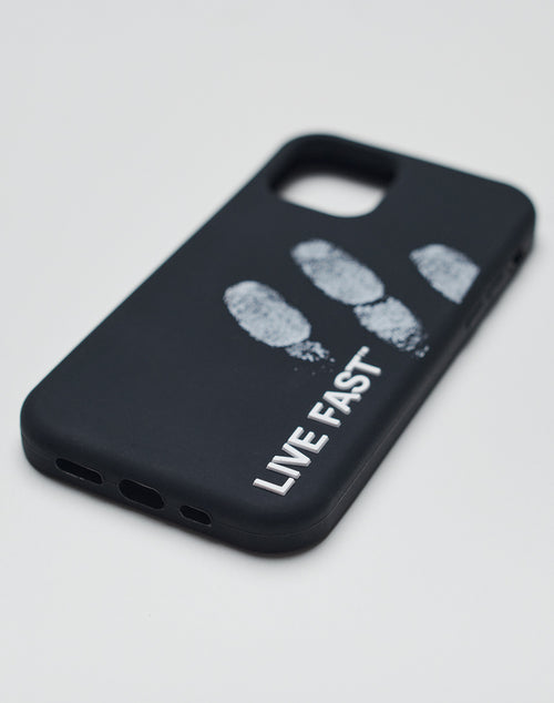 The LFDY Fingerprint iPhone Case is a black silicone cover featuring three white fingerprint marks and the bold phrase 3D Live Fast below them, displayed on a plain white background.